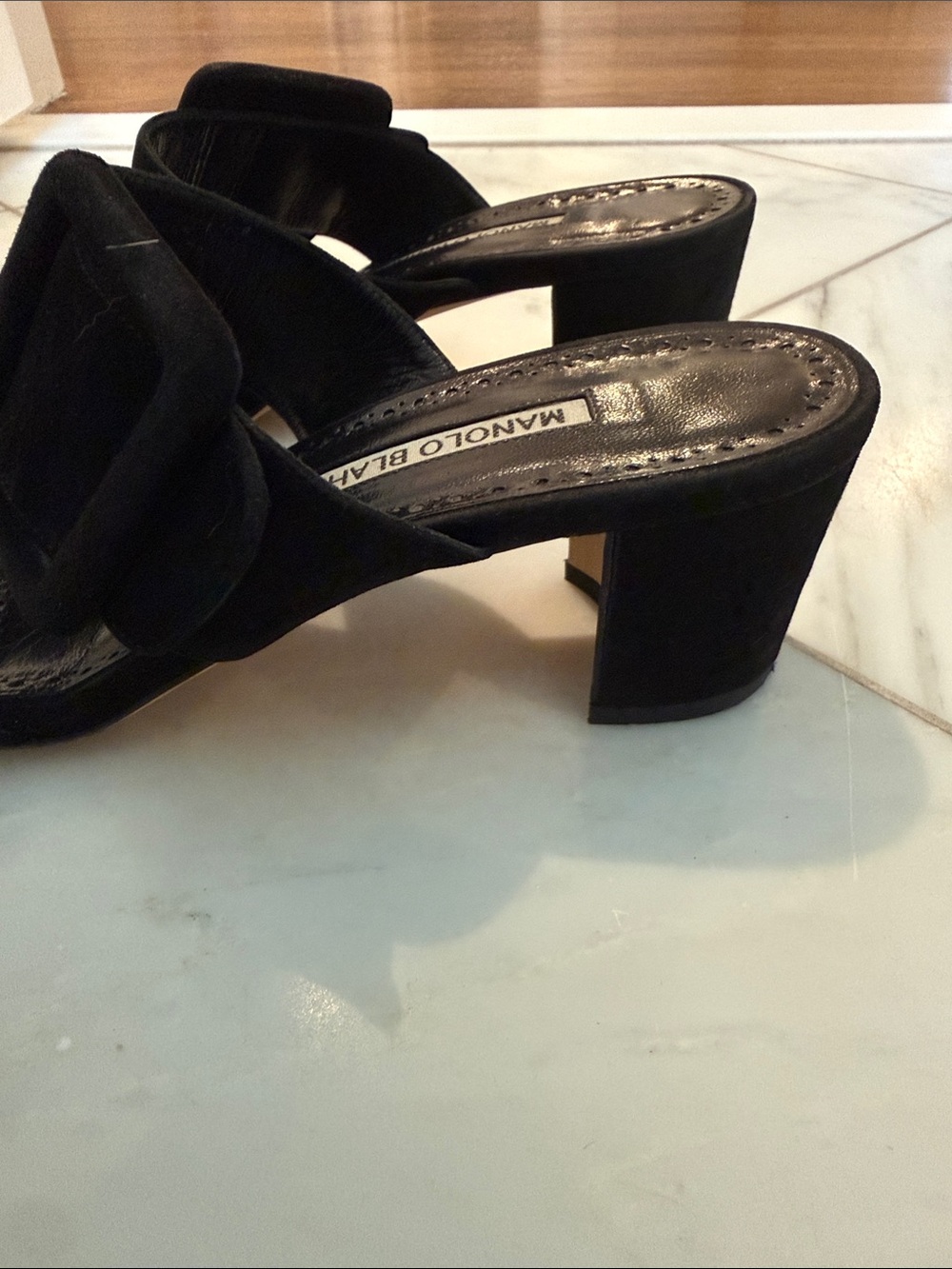 Manolo Blahnik Titubanew Suede Buckle Slide Sandals - Picture 7 of 9